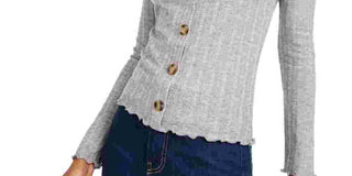 Almost Famous Juniors' Button-Front Pointelle Top Gray Size X-Large