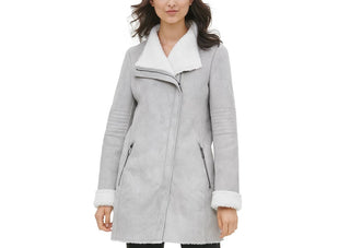 Calvin Klein Women's Faux-Shearling Coat Silver Size Medium