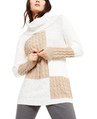 Calvin Klein Women's Mixed-Stitch Colorblocked Cowlneck Sweater White Size Large