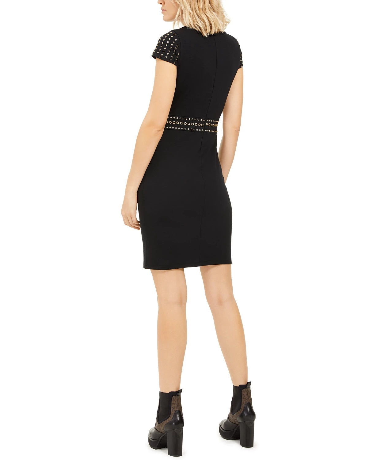 Michael Kors Women's Short Sleeve Jewel Neck Short Sheath Cocktail Dress Black Size Large
