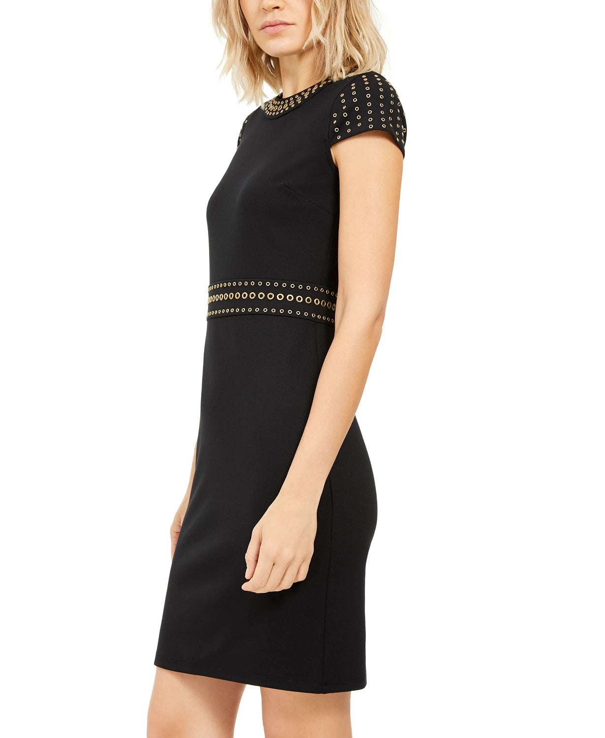 Michael Kors Women's Short Sleeve Jewel Neck Short Sheath Cocktail Dress Black Size Large