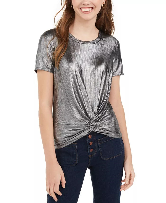 Love Fire Junior's Metallic Twist Front Top Silver Size Large