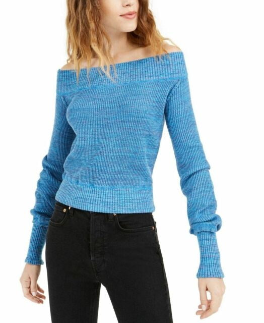 Free People Women's Printed Long Sleeve Jewel Neck Sweater Navy Size Large