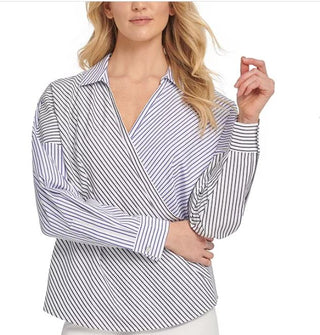 DKNY Women's Cotton Striped Wrap Top White Size Large