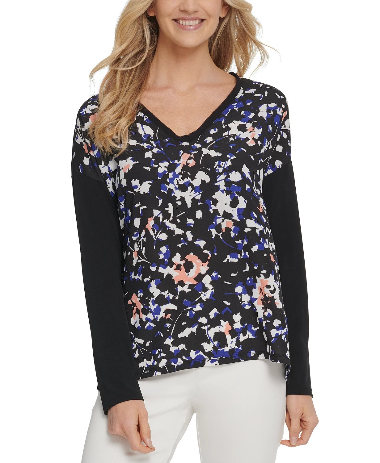 DKNY Women's Mixed Media V Neck Top Black Size X-Large