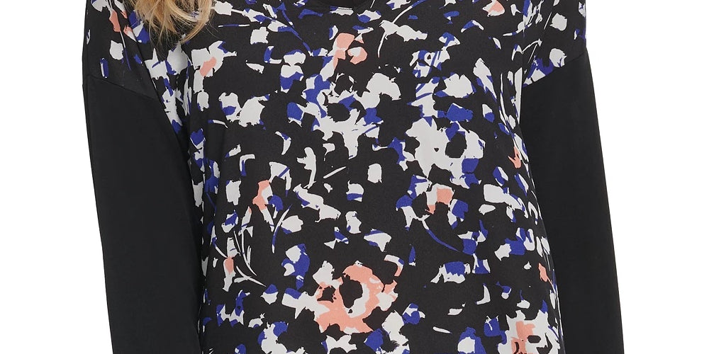 DKNY Women's Mixed Media V Neck Top Black Size X-Large