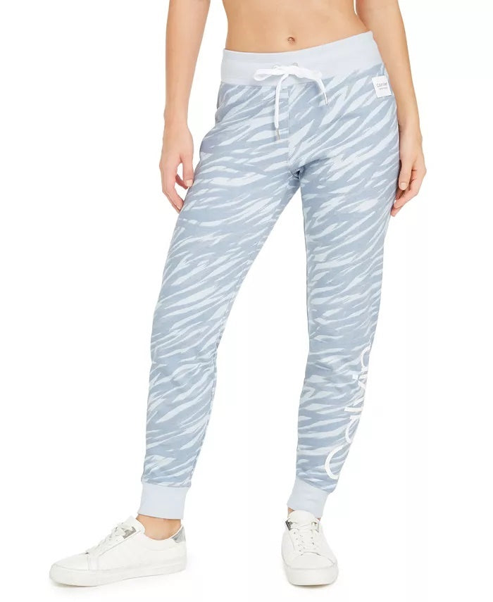 Calvin Klein Women's Performance Zebra-Print Fleece Joggers Blue Size Large