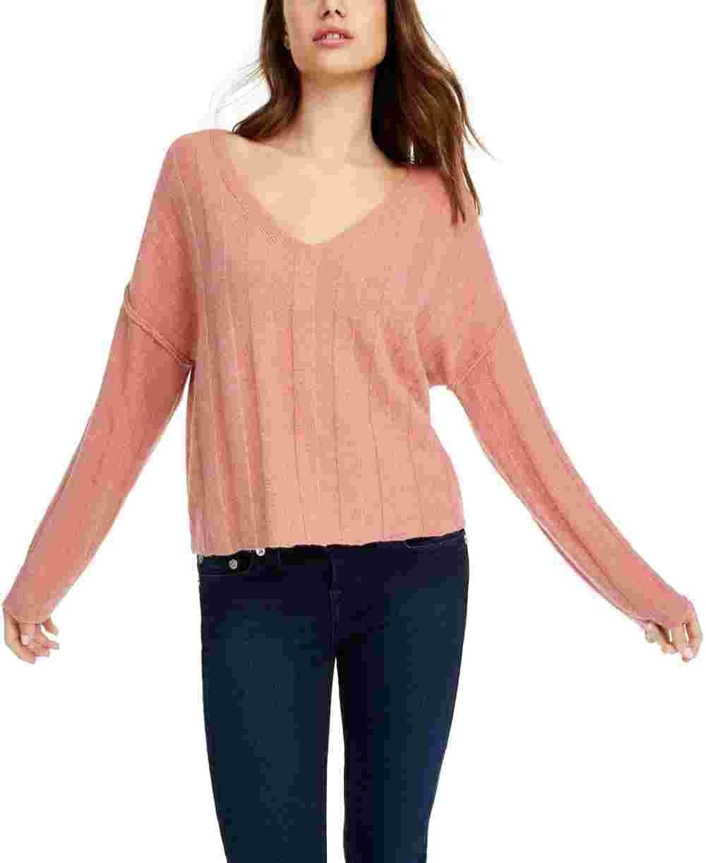 Pink Rose Juniors' Ribbed Raw-Hem Sweater Orange Size Medium