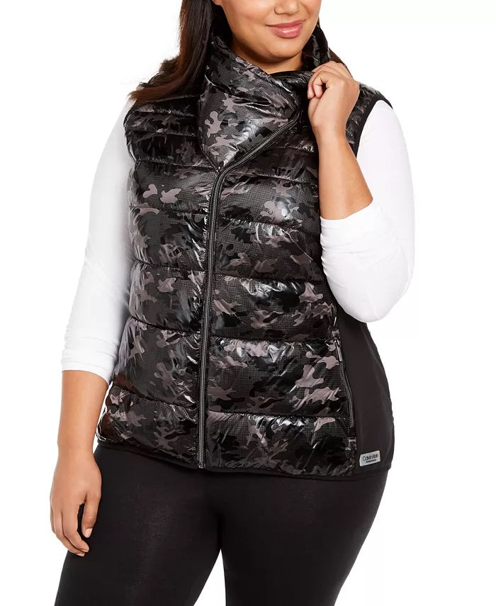 Calvin Klein Women's Performance Plus Size Printed Puffer Vest Black Size 1X