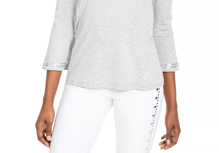 Michael Kors Women's Embellished Bell Sleeve Top Grey Size Petite Small