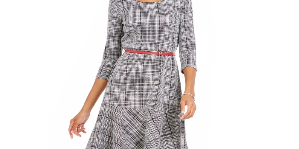 NY Collection Women's Plaid Fit & Flare Dress Black Size Petite Medium