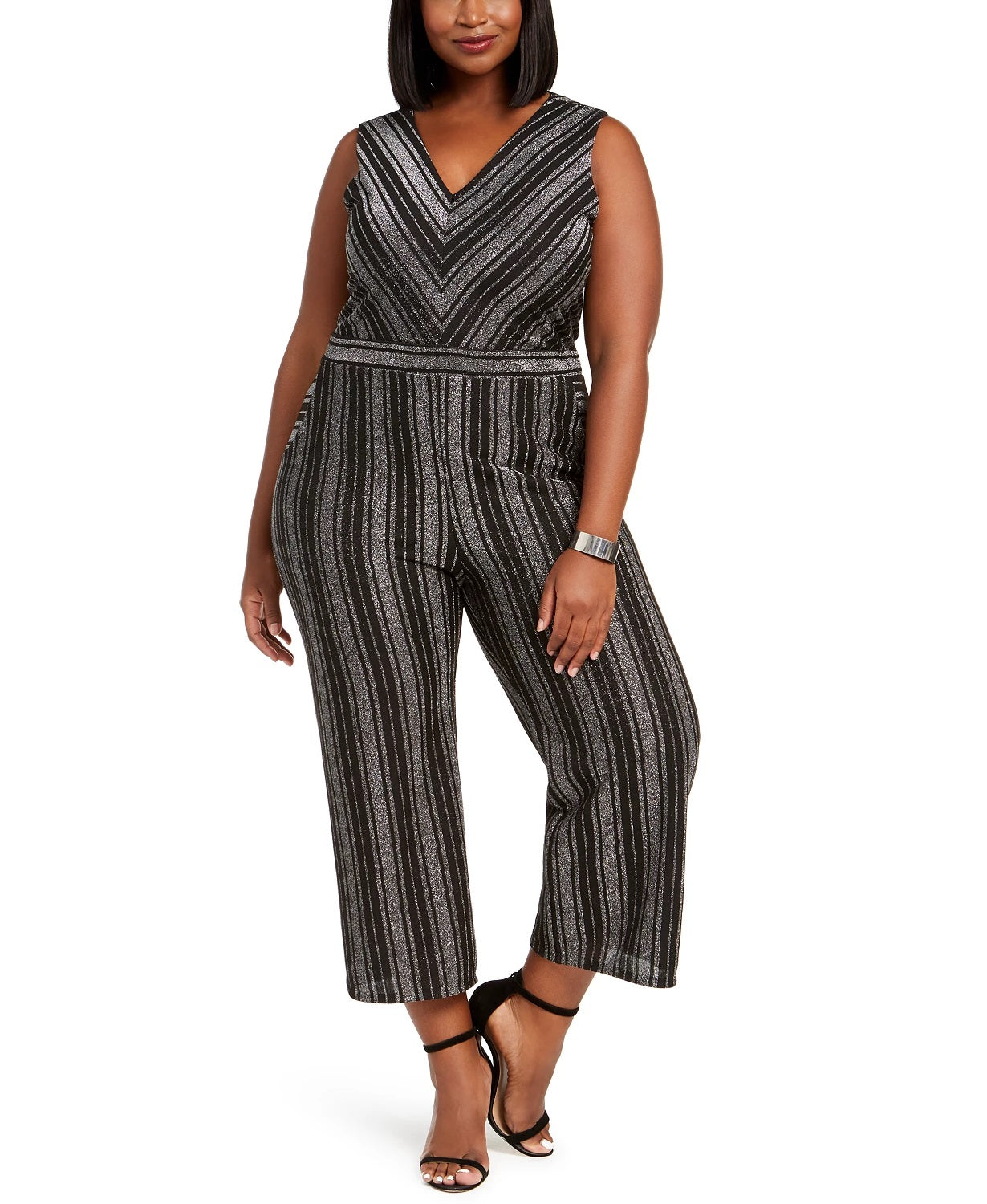 Monteau Women's Trendy Plus Size Glitter-Stripe Jumpsuit Black Size 3X
