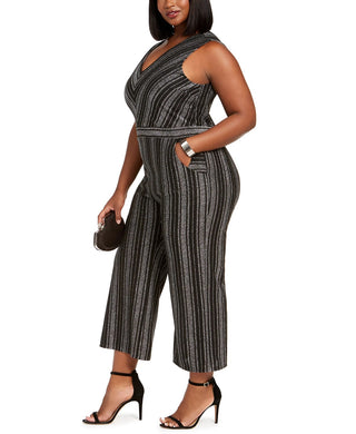 Monteau Women's Trendy Plus Size Glitter-Stripe Jumpsuit Black Size 3X