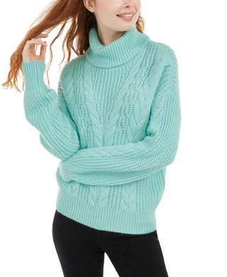 Crave Fame Junior's Turtleneck Cable Knit Sweater Green Size Small