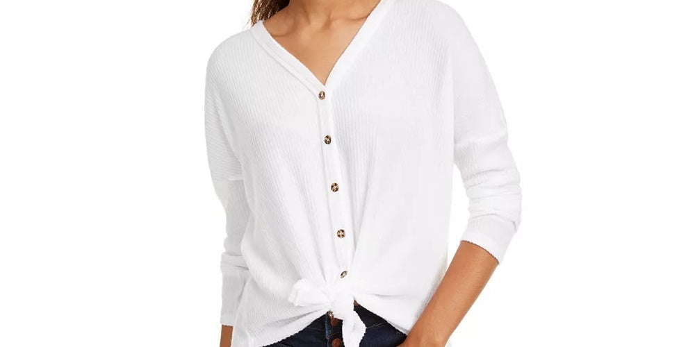 Ultra Flirt Juniors' Cozy Ribbed Tie-Front Top White Size Small