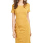Ultra Flirt Junior's Ruched Short Sleeve Jewel Neck Short Sheath Dress Yellow Size Small