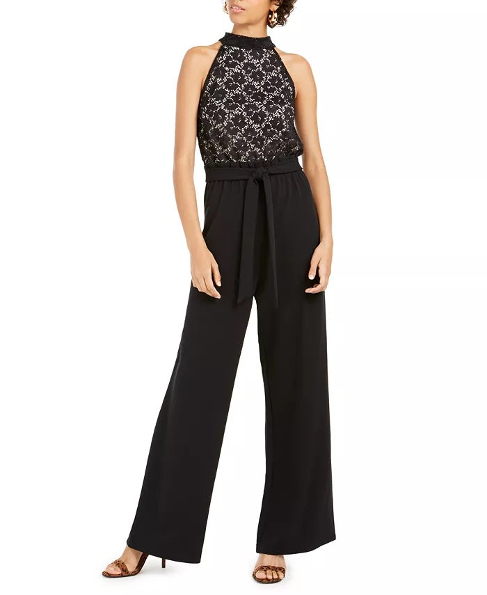 Ultra Flirt Junior's Lace Paperbag Waist Halter Jumpsuit Black Size Medium