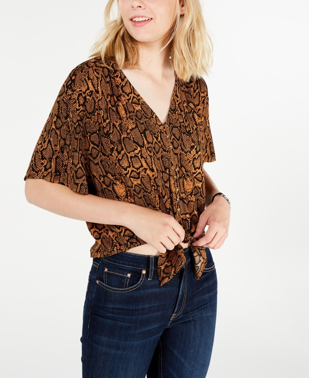 Ultra Flirt Juniors' Printed Tie-Front Top Brown Size Small