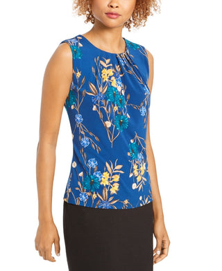 Calvin Klein Women's Floral Print Pleat Neck Top Blue Size X-Large