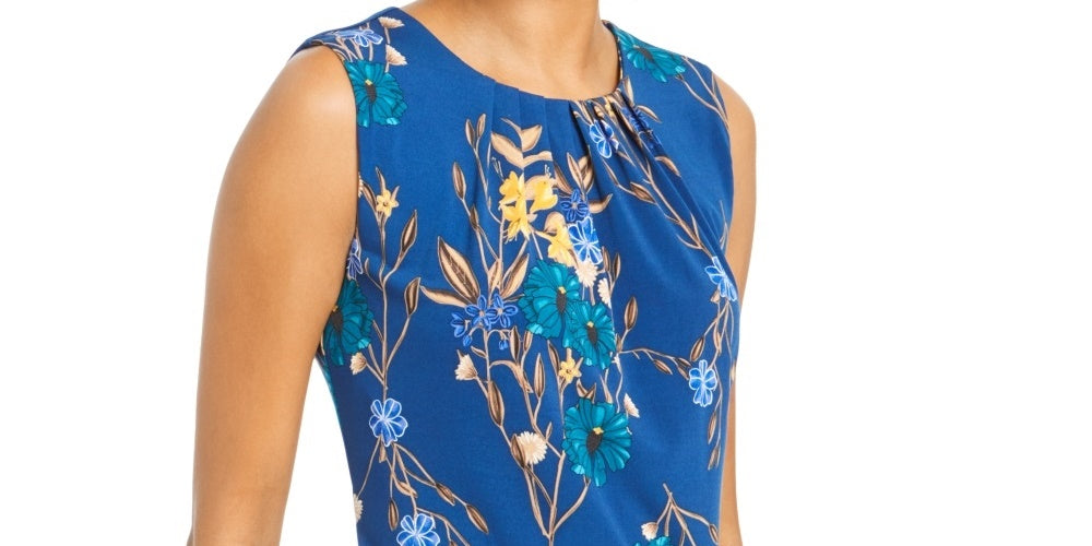 Calvin Klein Women's Floral Print Pleat Neck Top Blue Size X-Large