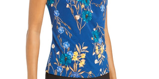 Calvin Klein Women's Floral Print Pleat Neck Top Blue Size X-Large
