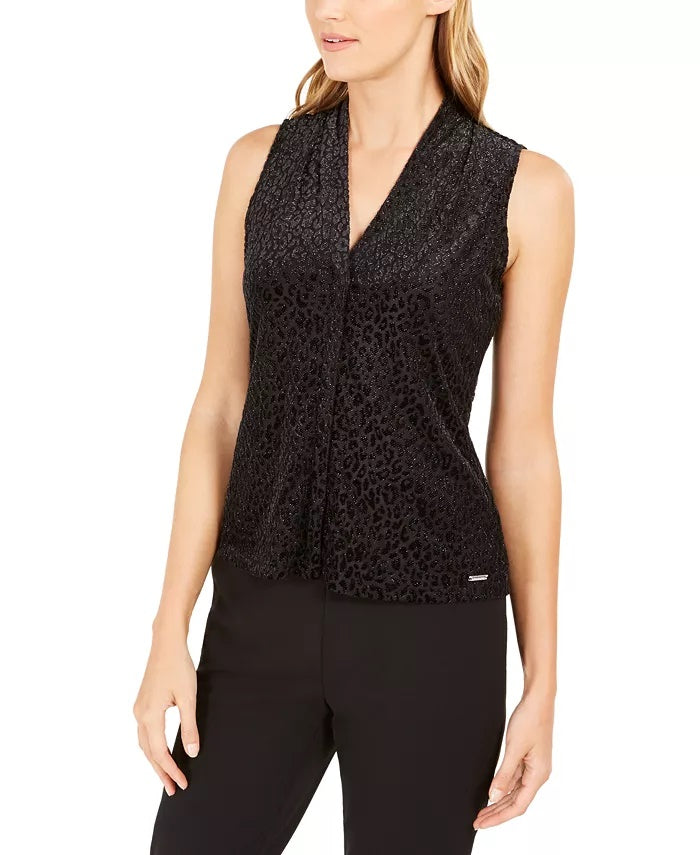 Calvin Klein Women's Textured Animal-Print Top Silver Size Large