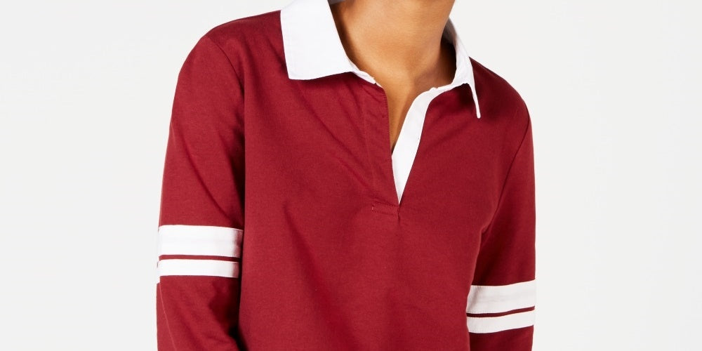 Crave Fame Juniors' Striped-Sleeve Rugby Polo Shirt Brown Size Large