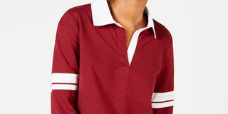 Crave Fame Juniors' Striped-Sleeve Rugby Polo Shirt Brown Size Large