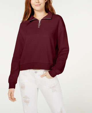 Crave Fame Juniors' Waffle-Knit Quarter-Zip Top Brown Size Small
