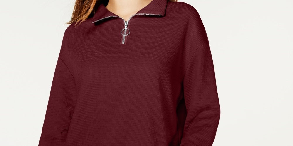 Crave Fame Juniors' Waffle-Knit Quarter-Zip Top Brown Size Small