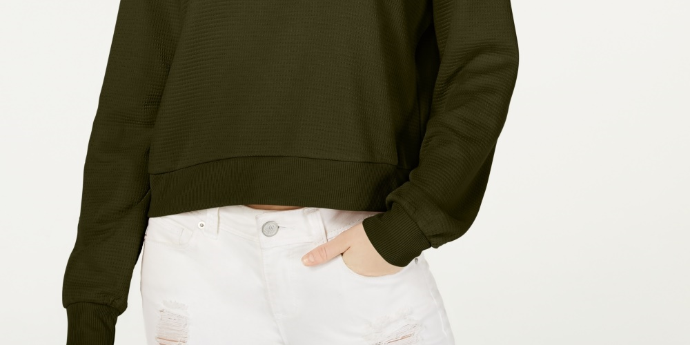 Crave Fame Juniors' Waffle-Knit Quarter-Zip Top Green Size Small