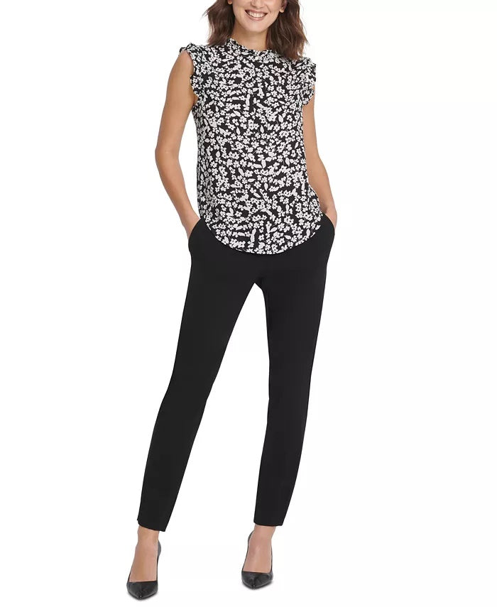 DKNY Women's Floral Print Sleeveless Ruffle Top Charcoal Size Large