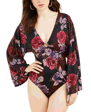 Guess Women's Jazzi Printed Kimono Sleeves Bodysuit Grey Size Small