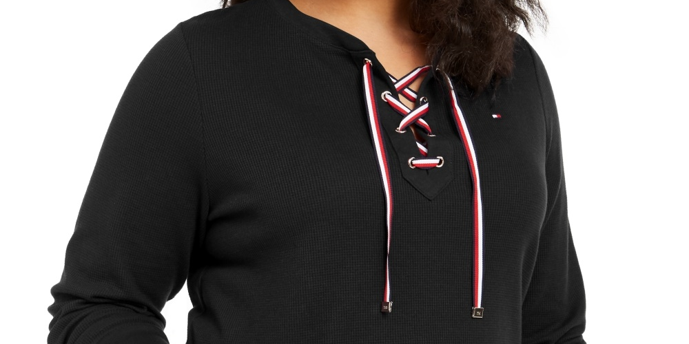 Tommy Hilfiger Women's Lace Up Waffle Knit Top Black Size 2X