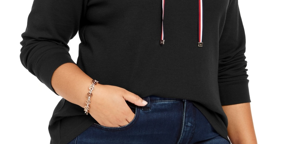 Tommy Hilfiger Women's Lace Up Waffle Knit Top Black Size 2X