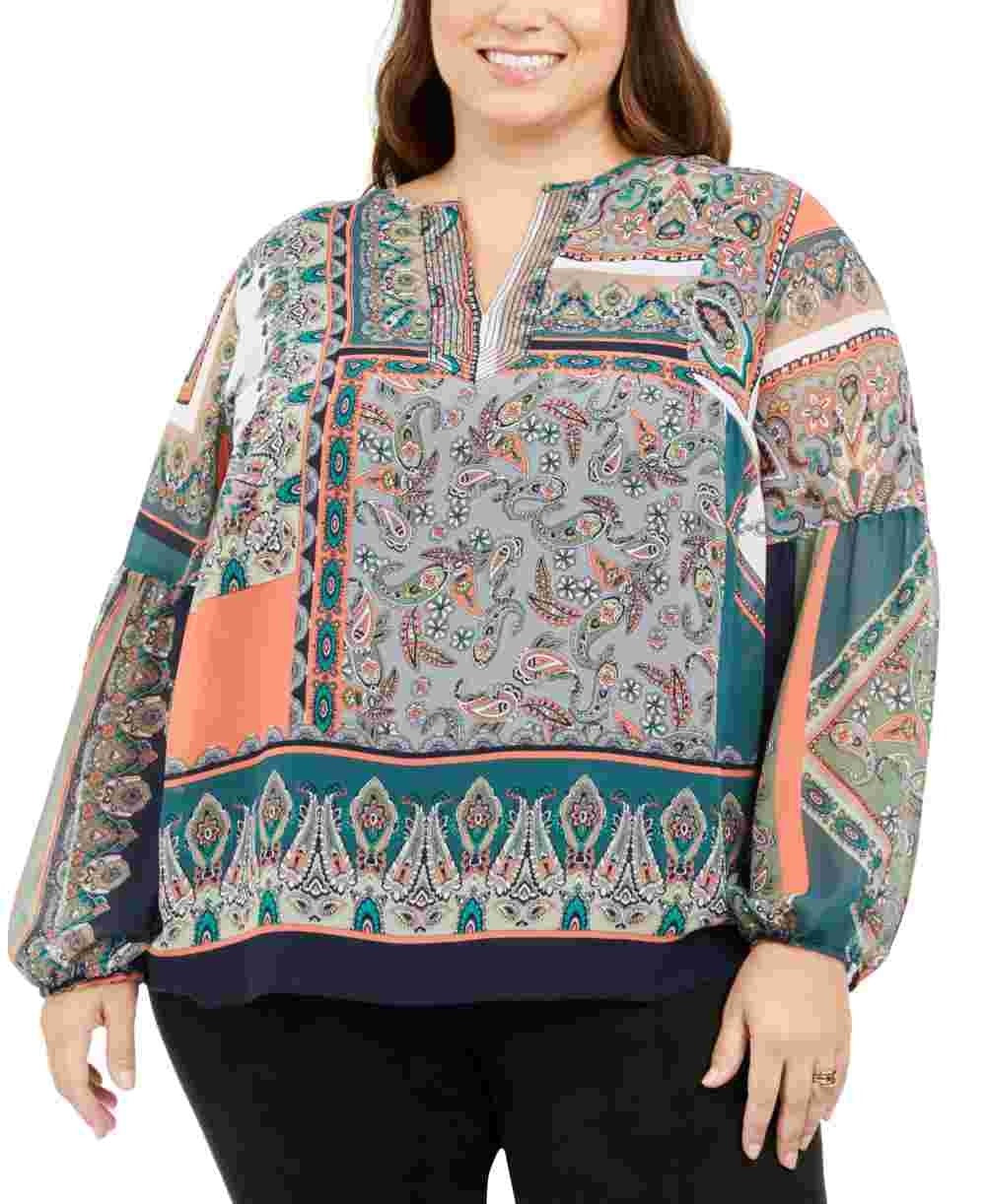 Tommy Hilfiger Women's Green Printed Long Sleeve V Neck Tunic Top Red Size 1X