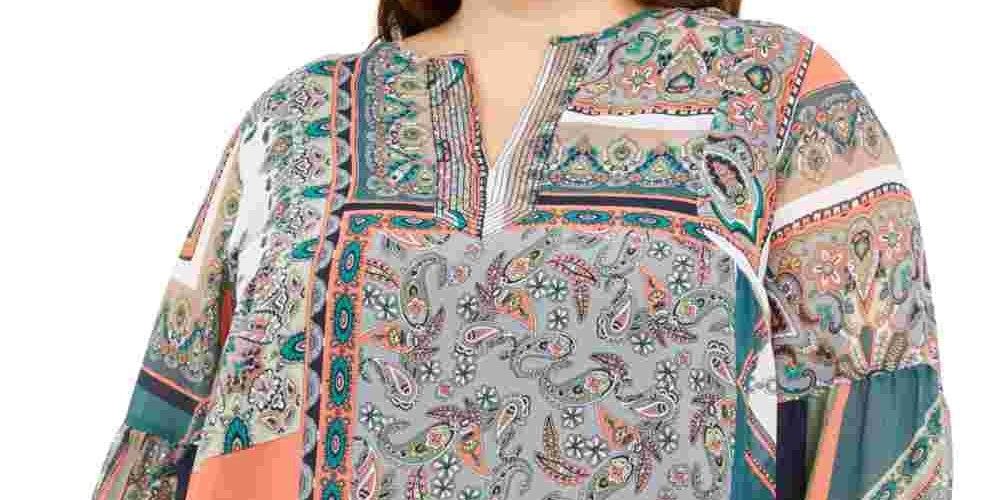 Tommy Hilfiger Women's Green Printed Long Sleeve V Neck Tunic Top Red Size 1X