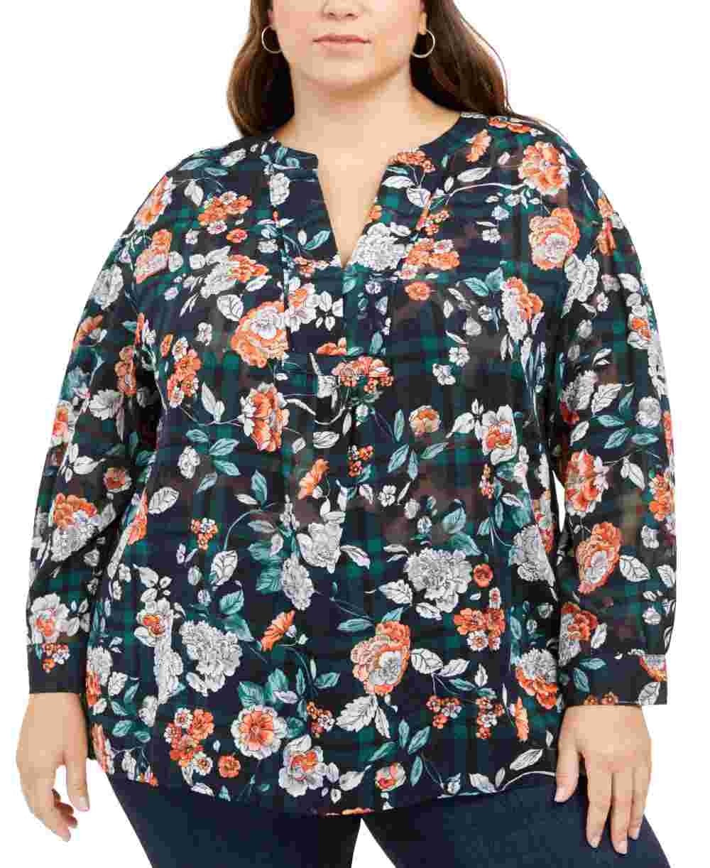 Tommy Hilfiger Women's Printed Split Neck Top Navy Size 3X