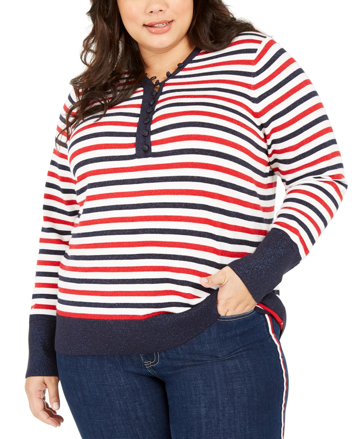 Tommy Hilfiger Women's Plus Size Metallic Striped Button-Up Top White Size 1X