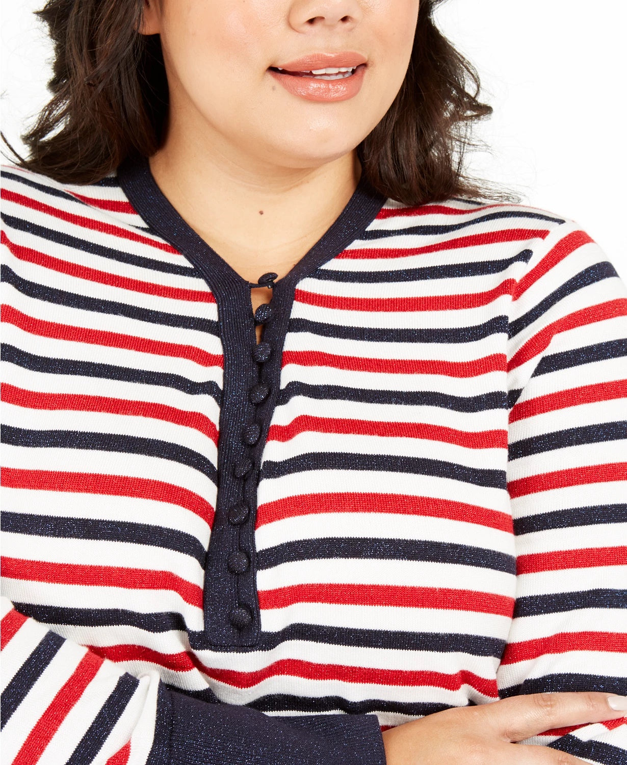Tommy Hilfiger Women's Plus Size Metallic Striped Button-Up Top White Size 1X