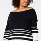 Tommy Hilfiger Women's Plus Size Striped OffTheShoulder Cotton Sweater Blue Size OX