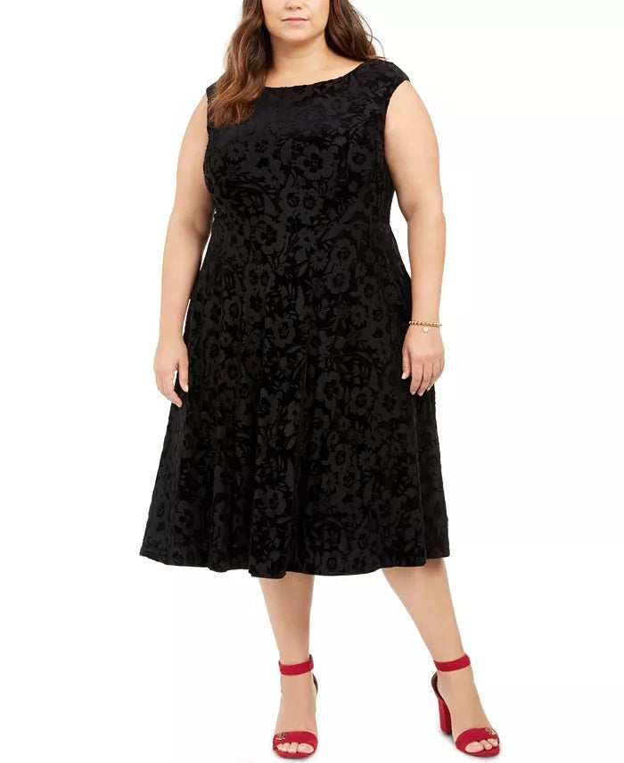Tommy Hilfiger Women's Velvet Floral Sleeveless Scoop Neck Midi Fit Flare Evening Dress Black Size 18W