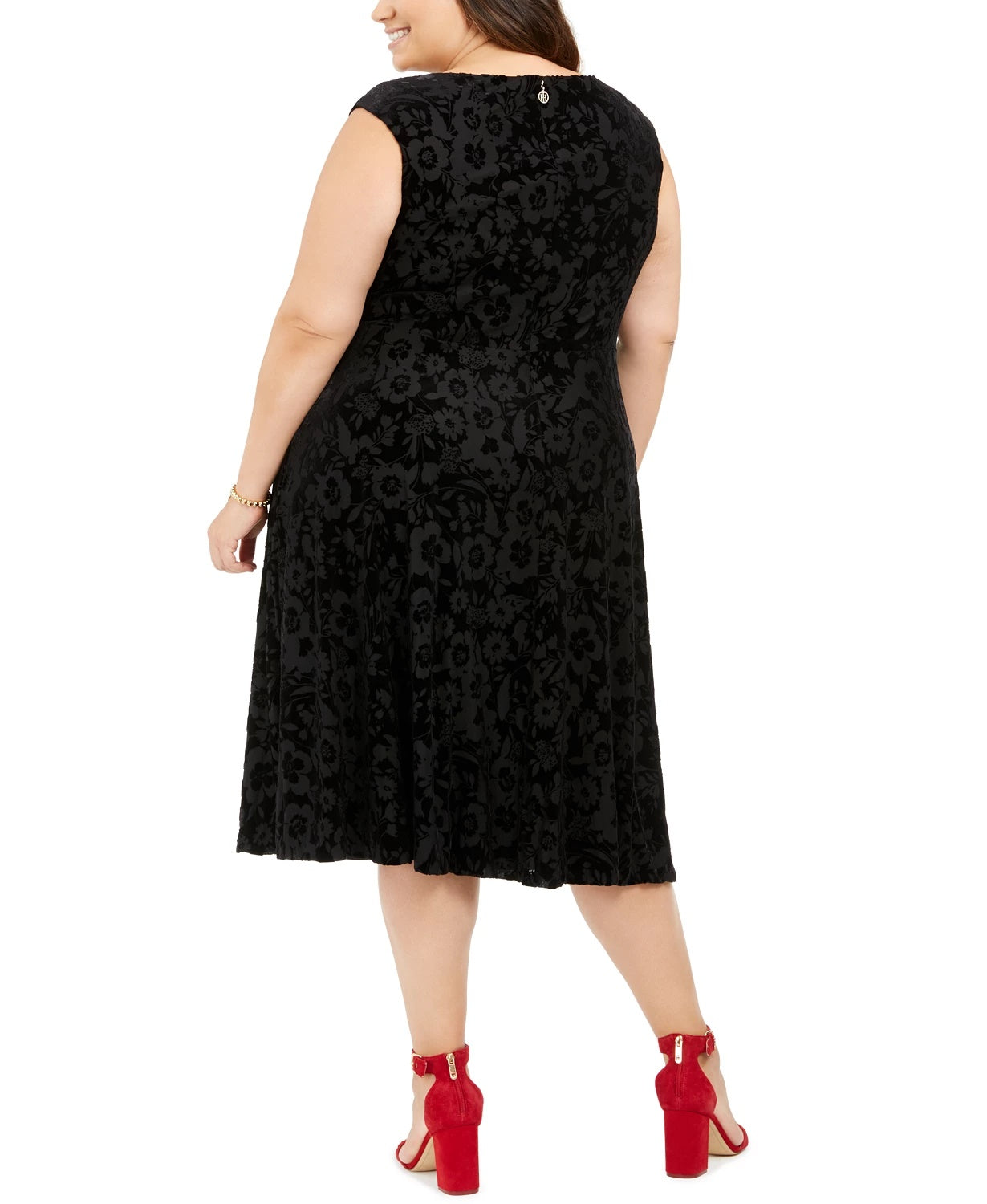 Tommy Hilfiger Women's Velvet Floral Sleeveless Scoop Neck Midi Fit Flare Evening Dress Black Size 18W