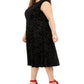 Tommy Hilfiger Women's Velvet Floral Sleeveless Scoop Neck Midi Fit Flare Evening Dress Black Size 18W