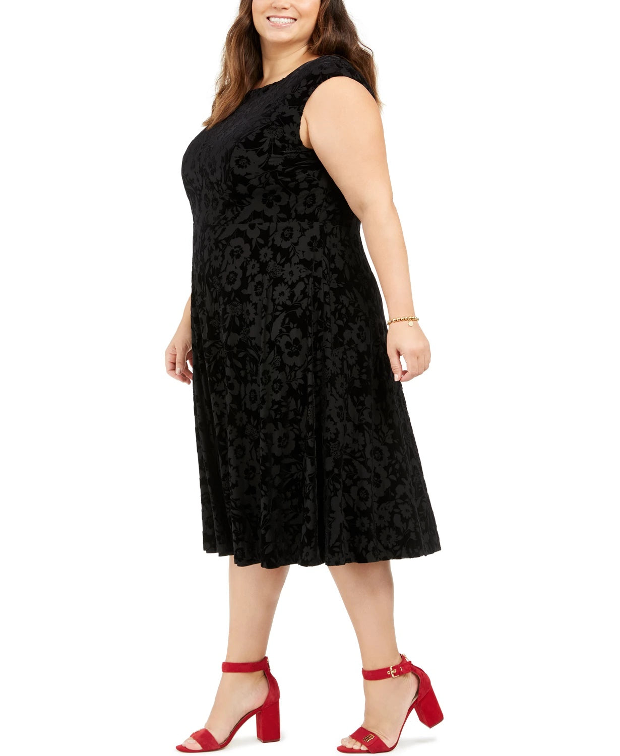 Tommy Hilfiger Women's Velvet Floral Sleeveless Scoop Neck Midi Fit Flare Evening Dress Black Size 18W