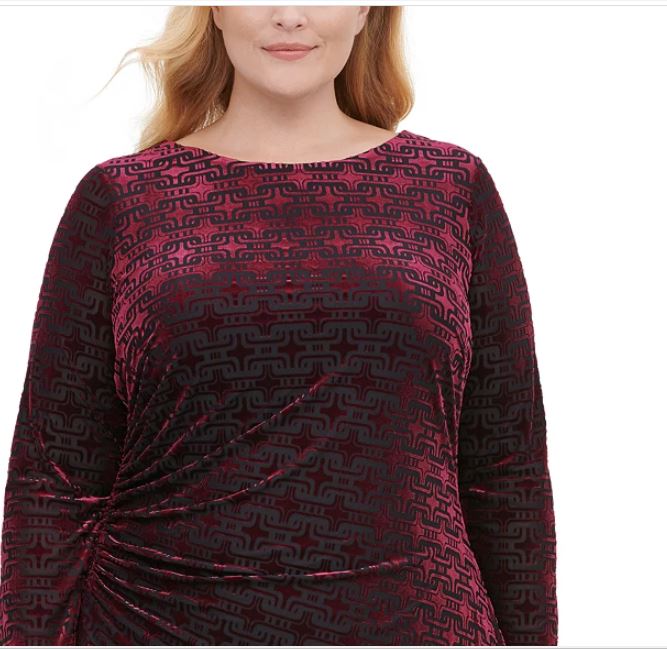Tommy Hilfiger Women's Plus Long Sleeve Velvet Burnout Sheath Dress Red Size 18W