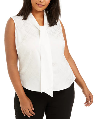 Calvin Klein Women's Plus Sleeveless Printed Bow-Neck Top White Size 2X