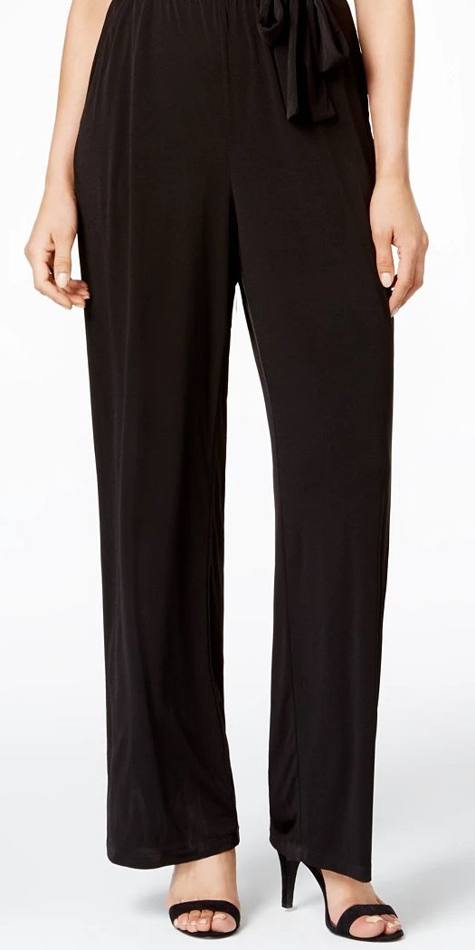 NY Collection Women's Surplice Belted Wide-Leg Jumpsuit Black Size Petite Large