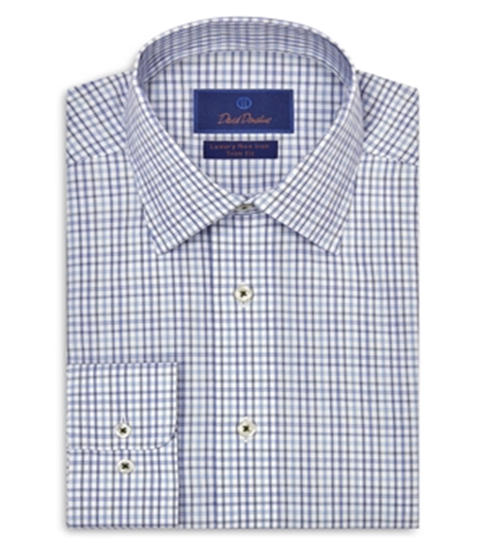 David Donahue Trim Fit Poplin Printed Luxury Non Iron Shirt Blue Size 16.5X32-33