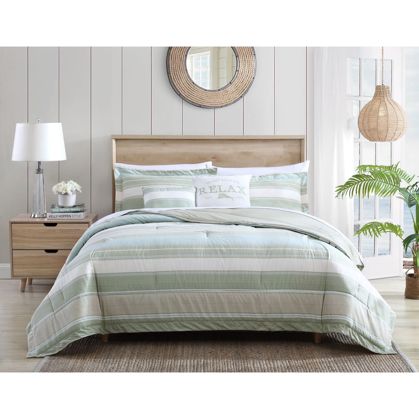 Tommy Bahama Serenity Green Cotton Reversible Comforter Set  5 Piece
